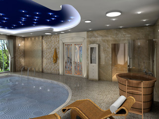 rendering of a luxurious indoor swimming pool