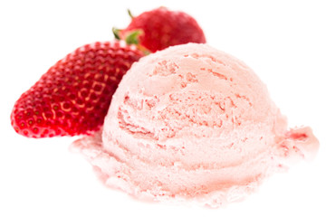 strawberry ice cream scoop with strawberries on white background
