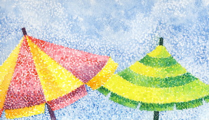 Two colorful umbrellas