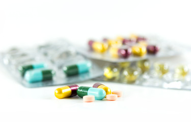 Group of pills on white background