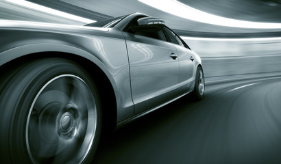 Car driving fast in tunnel - obrazy, fototapety, plakaty