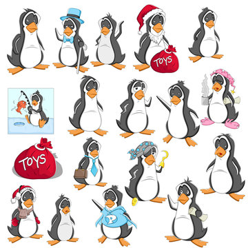 Cartoon Penguin Vector Illustration Set