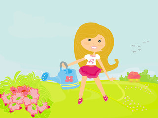 Little girl watering the flowers in the family garden at a summe