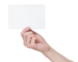 adult man hand holding blank medium size paper card