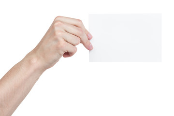 adult man hand holding blank medium size paper card
