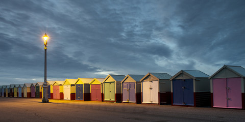 Hove Beach Huts at Night, East Sussex, UK.