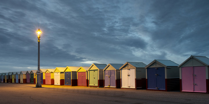 Hove Beach Huts at Night, East Sussex, UK.