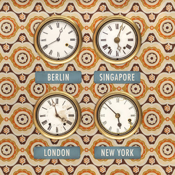Retro styled image of old clocks with world times