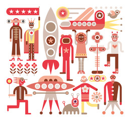 Humans and Aliens - vector illustration