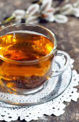 Cup of tea with branch of willow