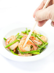 Dilicious green asparagus with prawns