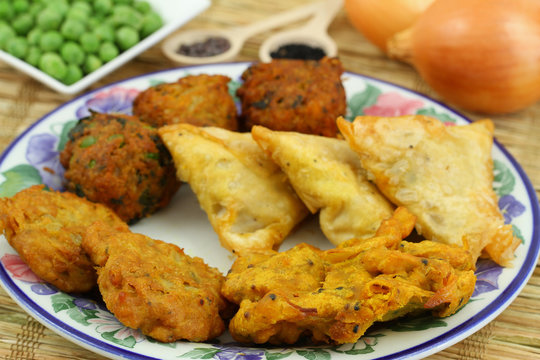 Selection of Indian vegetarian snacks