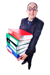 Funny man with lots of folders on white