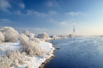 winter landscape. Daugava river and TV tower