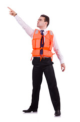 Businessman with rescue safety vest on white