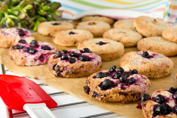 Homemade oatmeal cookies fresh out of the oven with blackberry