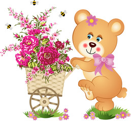 Ours en peluche poussant un chariot de fleurs