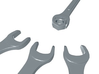 Spanners and nut on white - 3D illustration