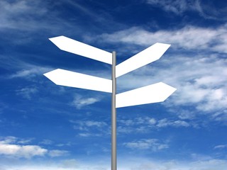 Signpost on beautiful background of blue sky. 3D render.