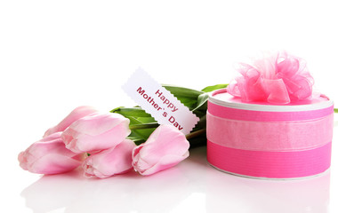 Beautiful bouquet of pink tulips and gift for Mother's Day,