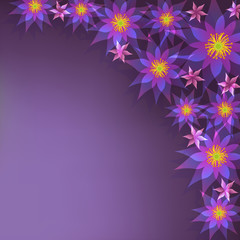 Floral purple background, greeting card with flowers