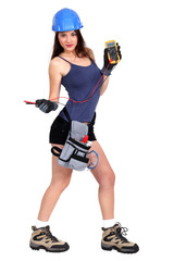 sexy female electrician holding a measurement tool