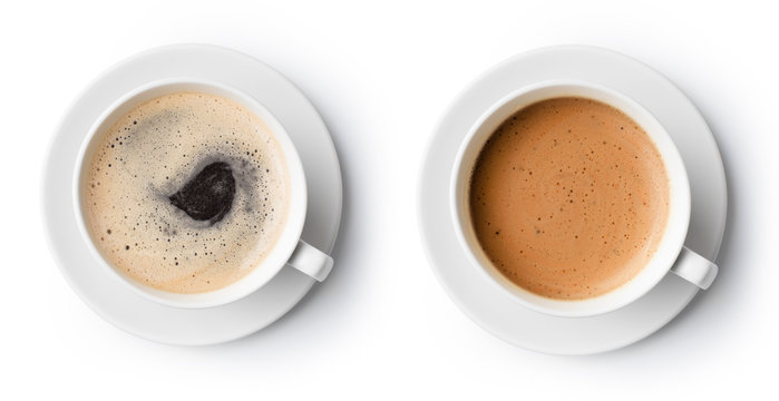 Fototapeta dwie filiżanki kawy na białym, widok z góry