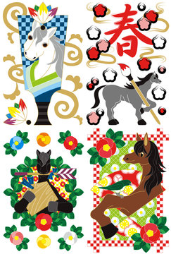 2014年午年年賀状用イラスト素材（羽子板・筆文字・椿と絵馬と破魔矢・鶯と馬）４種類セット