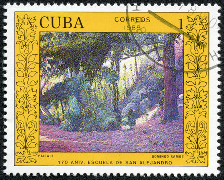 stamp printed in Cuba shows the "Landscape" by Domingo Ramos