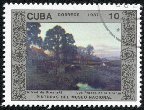 Stamp printed in CUBA shows the painting "Farm Meadows"