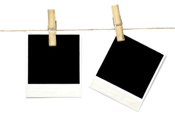 Empty paper tag on on line rope on white background