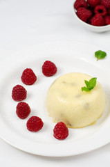 Cottage cheese baked pudding with raspberries