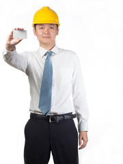 construction worker holding name card