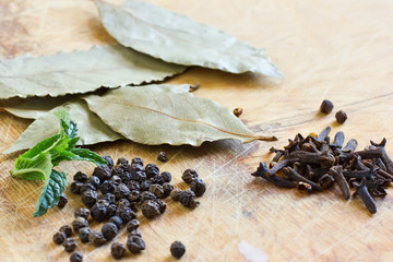 Seasonings on wooden table