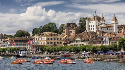 Nyon panorama with pedal boats in Lake Geneva - Powered by Adobe
