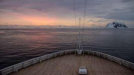 Cruise ship bow approaching Antarctica peninsula