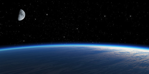 Blue planet with moon on starry space background.