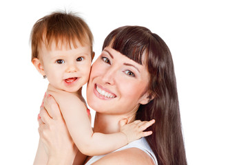 Mother and daughter hugging, isolated on white
