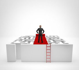Businessman standing on the maze with red carpet