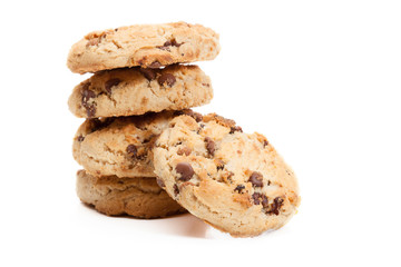 Stack of chocolate chip cookies on white background