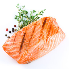 grilled salmon on white background