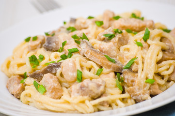 Spaghetti with meat and mushrooms in a creamy sauce