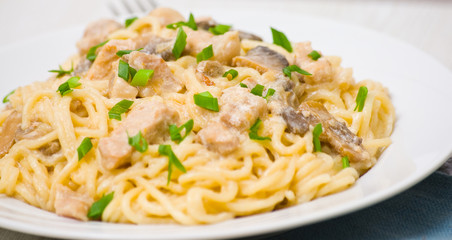 Spaghetti with meat and mushrooms in a creamy sauce