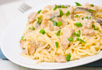 Spaghetti with meat and mushrooms in a creamy sauce