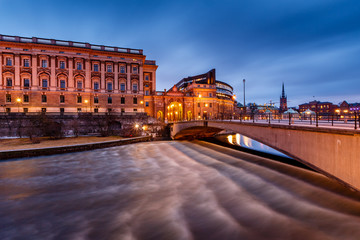 Riksdag Building and Riksgatan Bridge in the Evening, Stockholm,