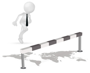 3d business man running to jump through a barrier