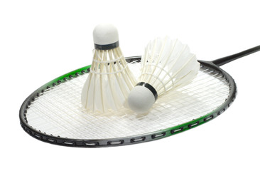 Badminton racquet and two feather shuttlecocks isolated