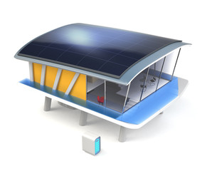 Energy efficient  house with solar panels, battery system.