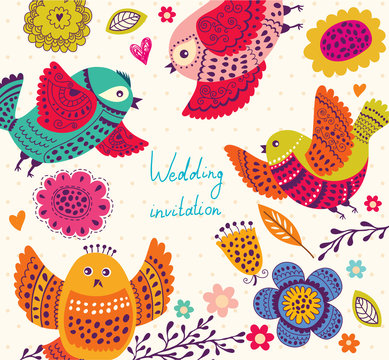Cute birds. Greeting card