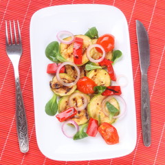 salad of grilled vegetables, on red background